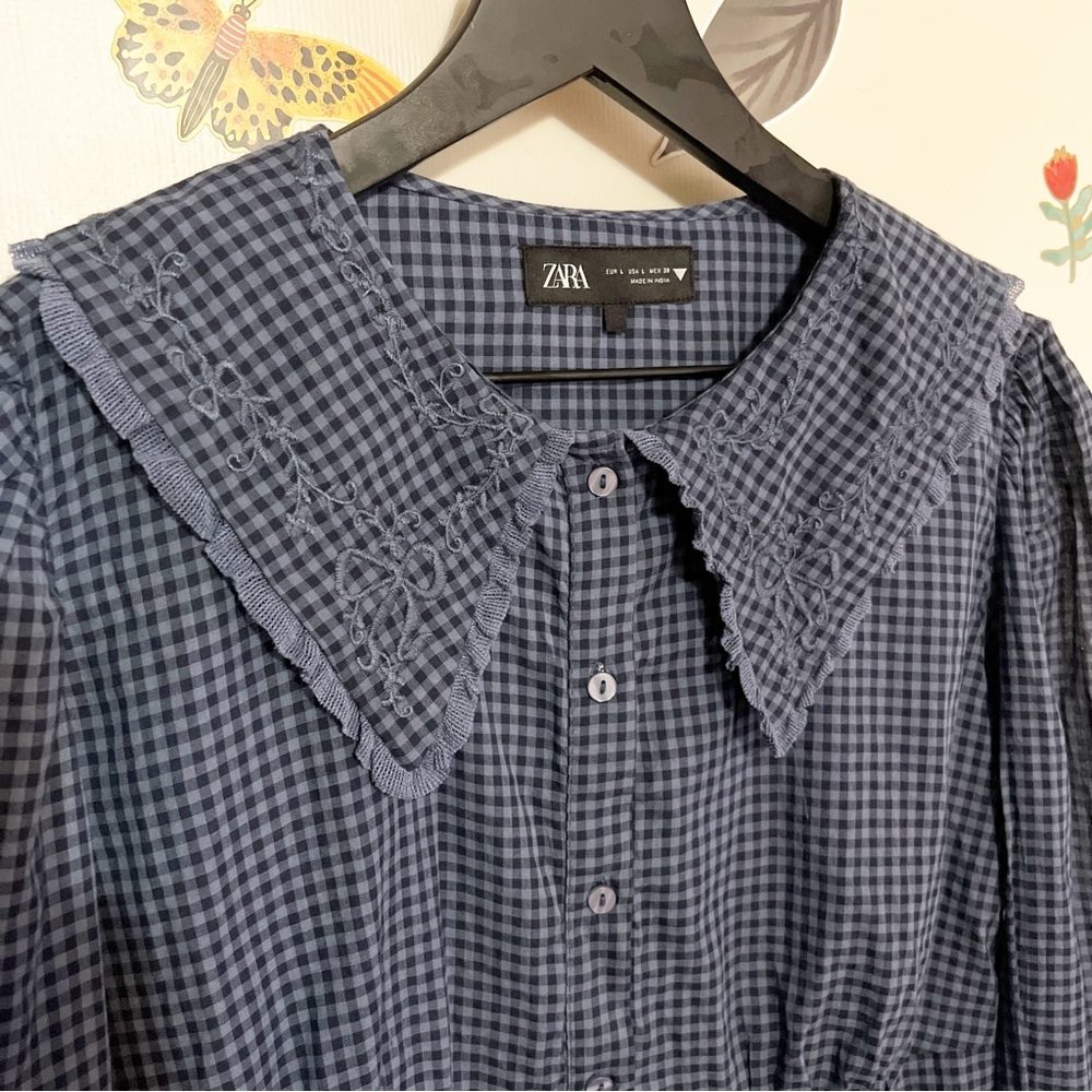Zara Gingham Blouse with Statement Embroidered Collar L - Picture 3 of 8